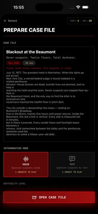 PERDIFY case briefing screen for Blackout at the Beaumont