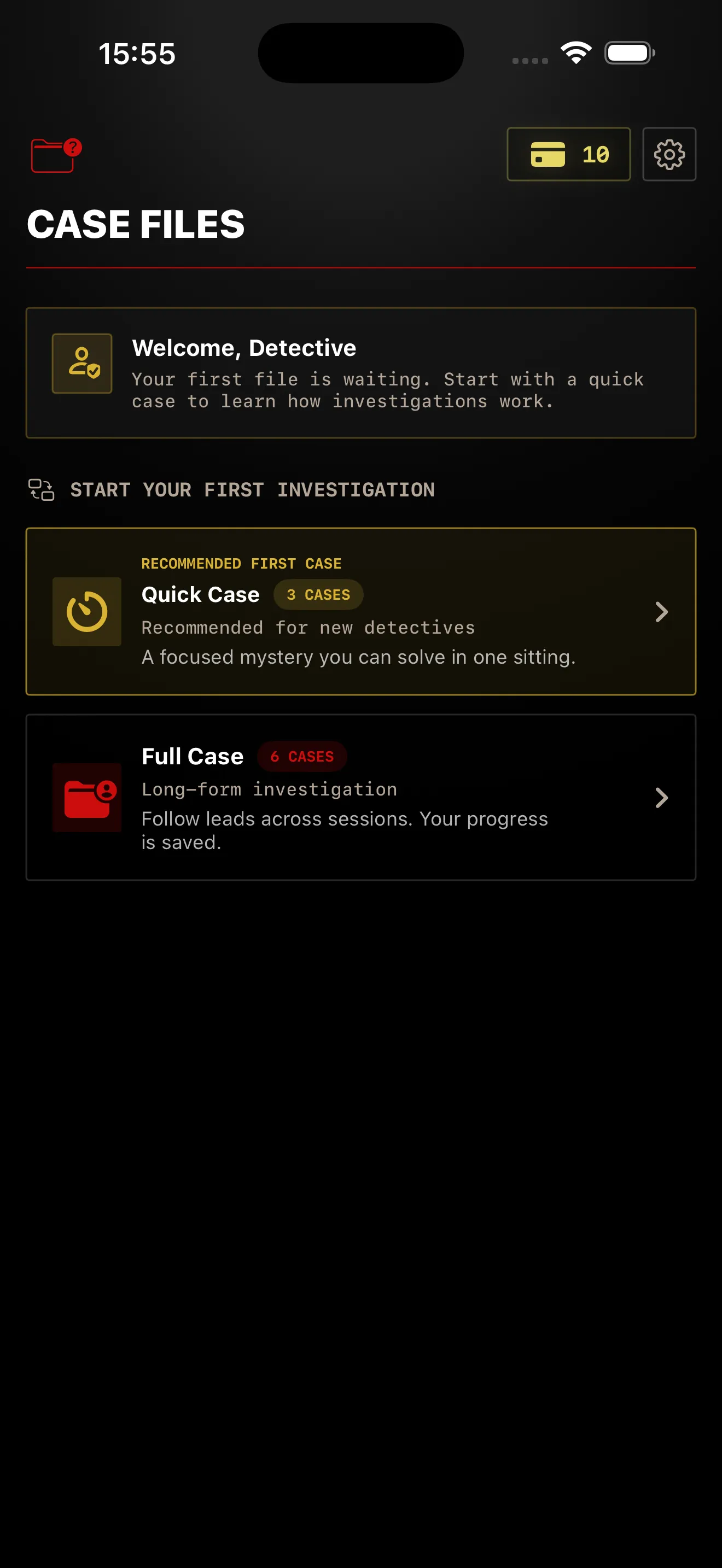 Perdify case file library showing Quick Case and Full Case options
