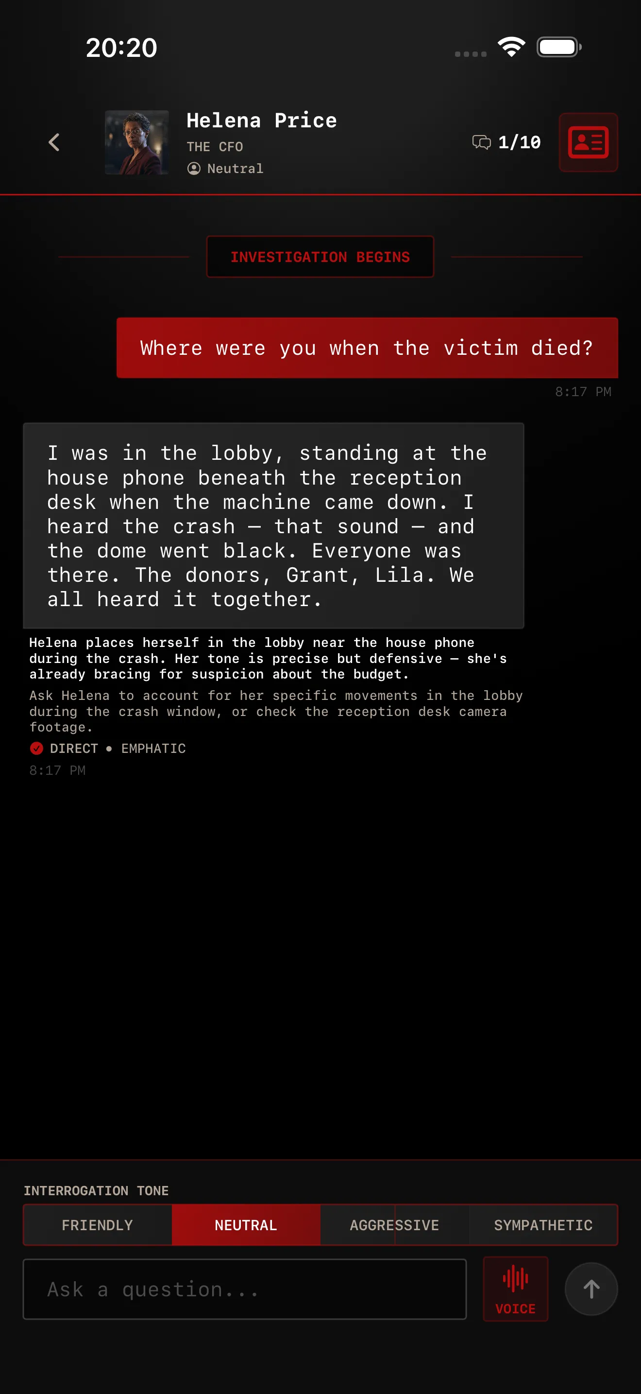 PERDIFY iOS interrogation transcript with generated suspect dialogue