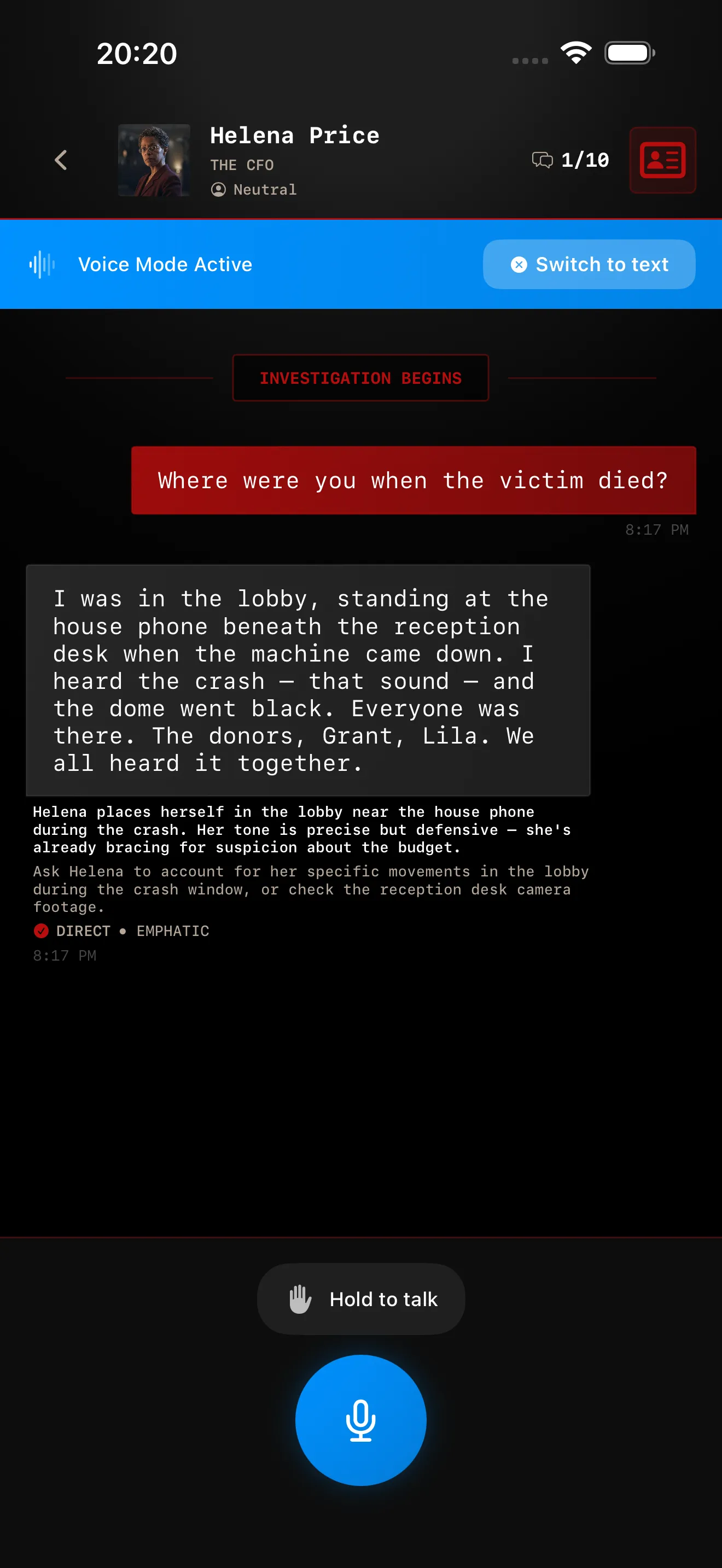 PERDIFY iOS voice interrogation screen with a suspect answer