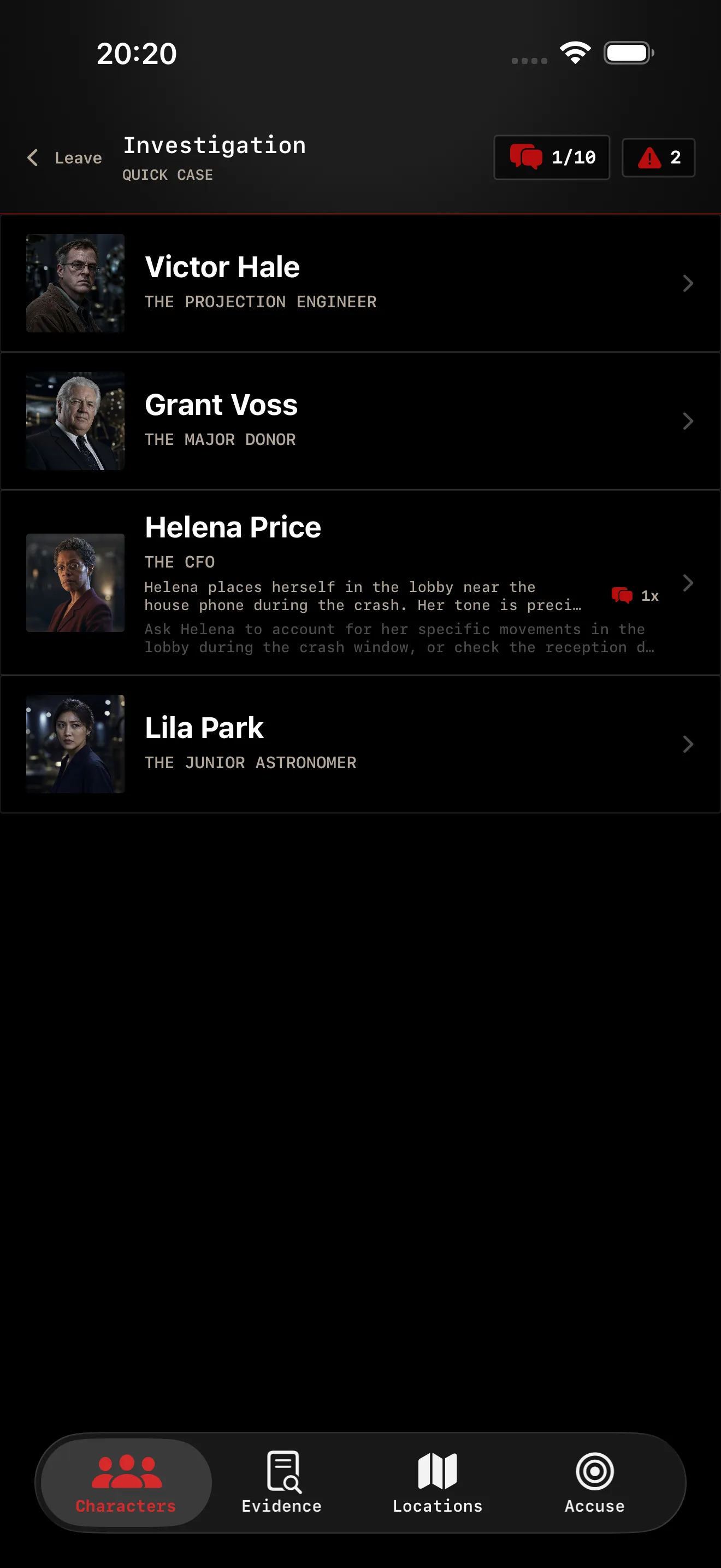 PERDIFY iOS suspect roster with character portraits and roles