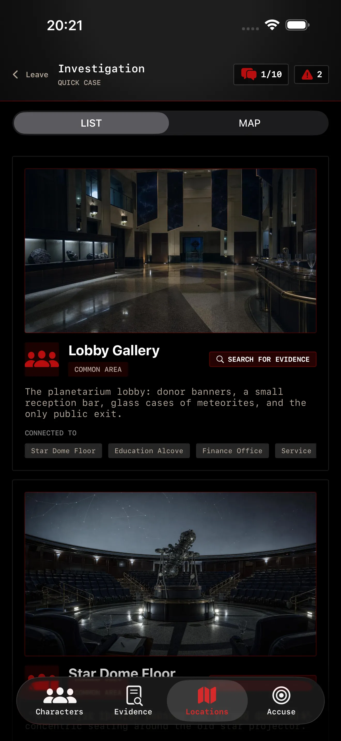 PERDIFY iOS location list showing rooms available to investigate