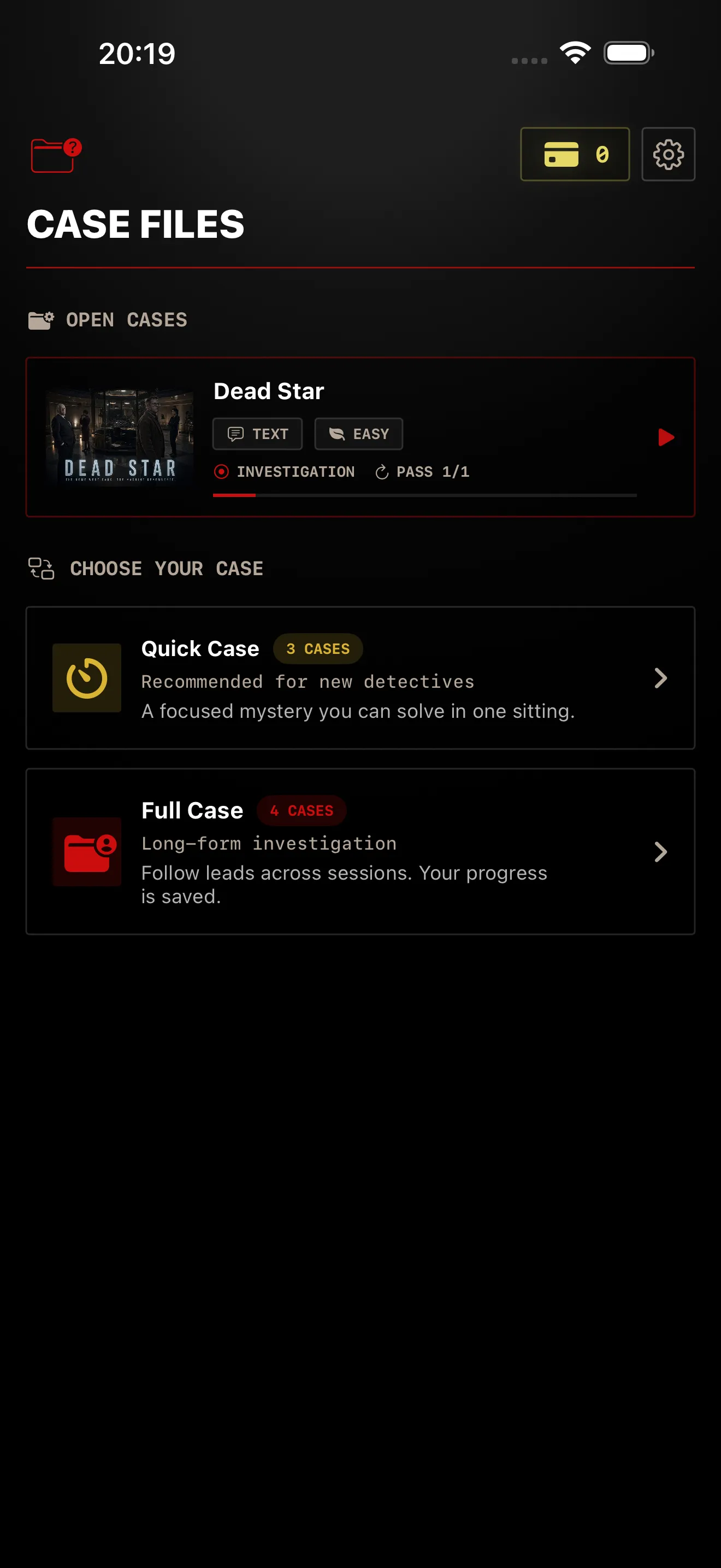 PERDIFY iOS case lobby showing active and available investigations