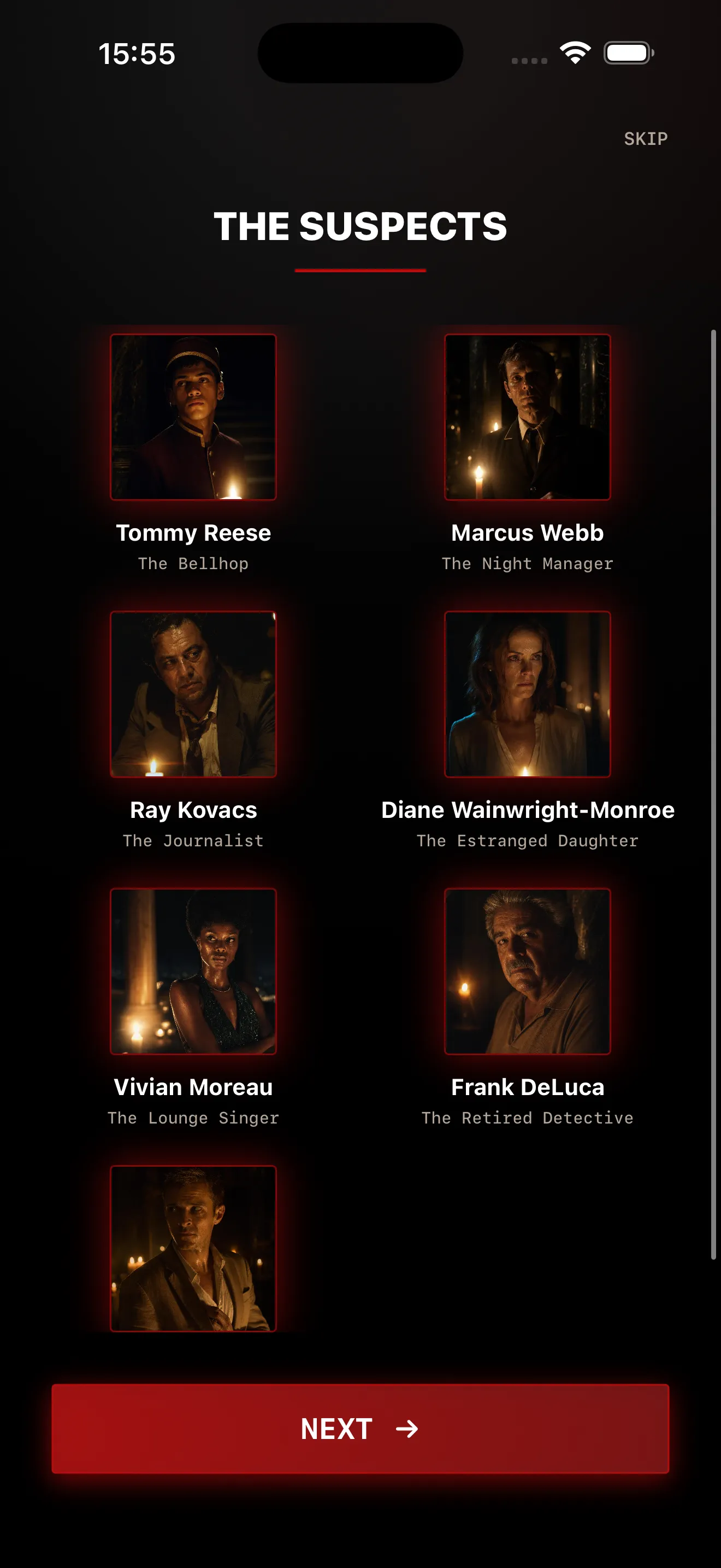 The suspect roster with character portraits and roles