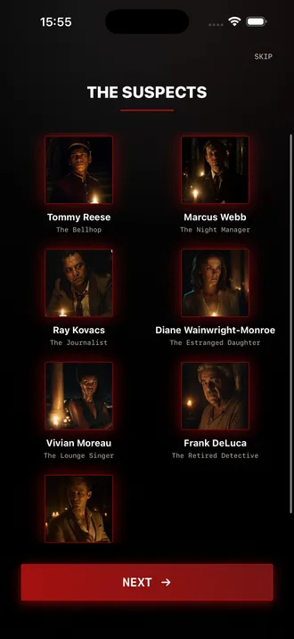 PERDIFY suspect roster with character portraits and roles