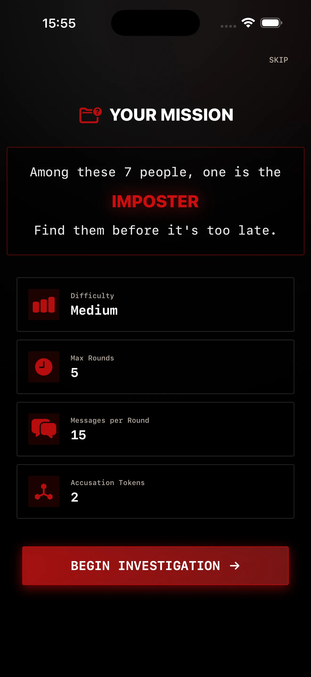 Mission screen showing rounds, messages per round and accusation tokens